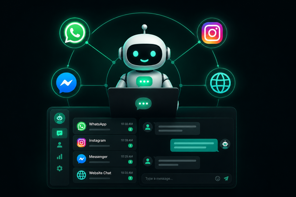 Multi-channel customer support chatbot covering WhatsApp Business, website chat, Instagram, and Facebook