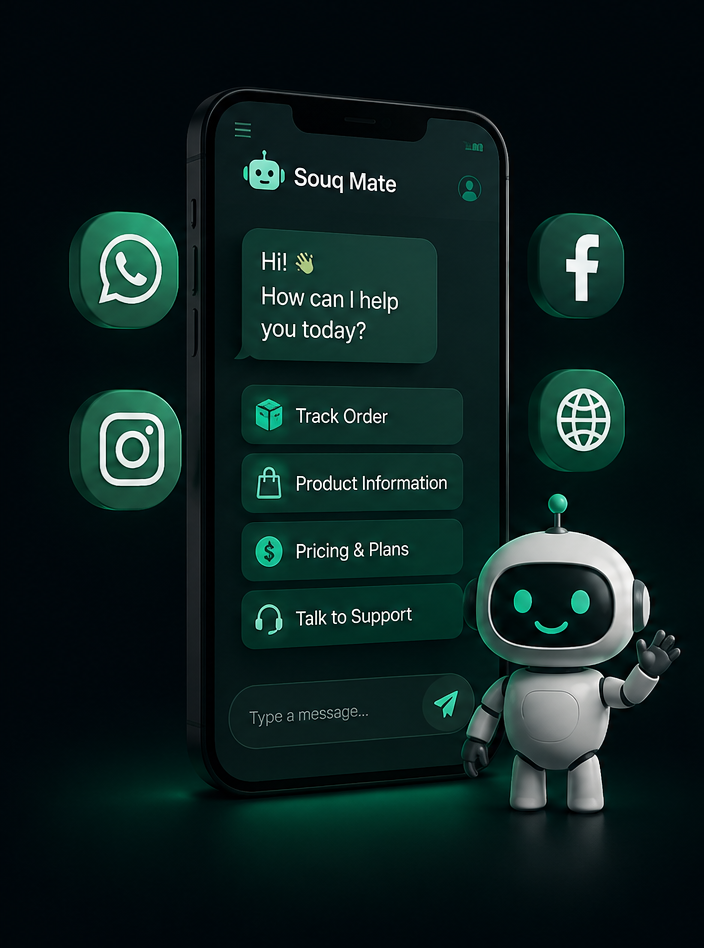 Souq Mate AI customer support chatbot managing WhatsApp, website, and social media chats